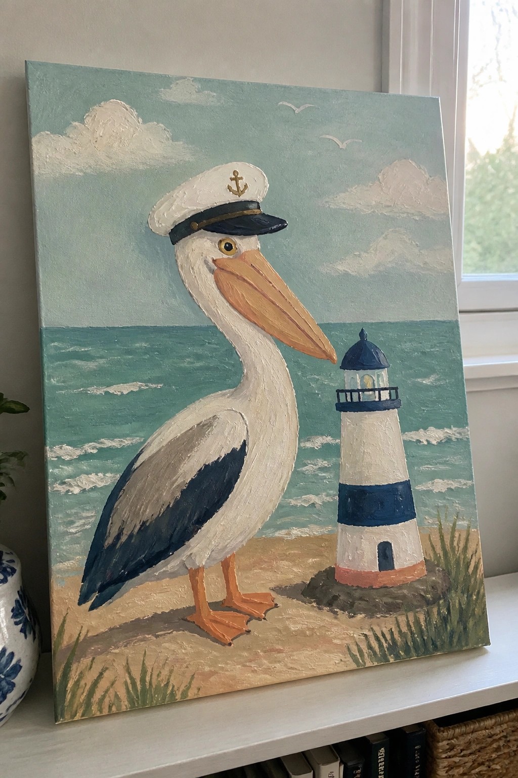 Pelican in captain's hat stands beside striped lighthouse on sandy beach by sea
