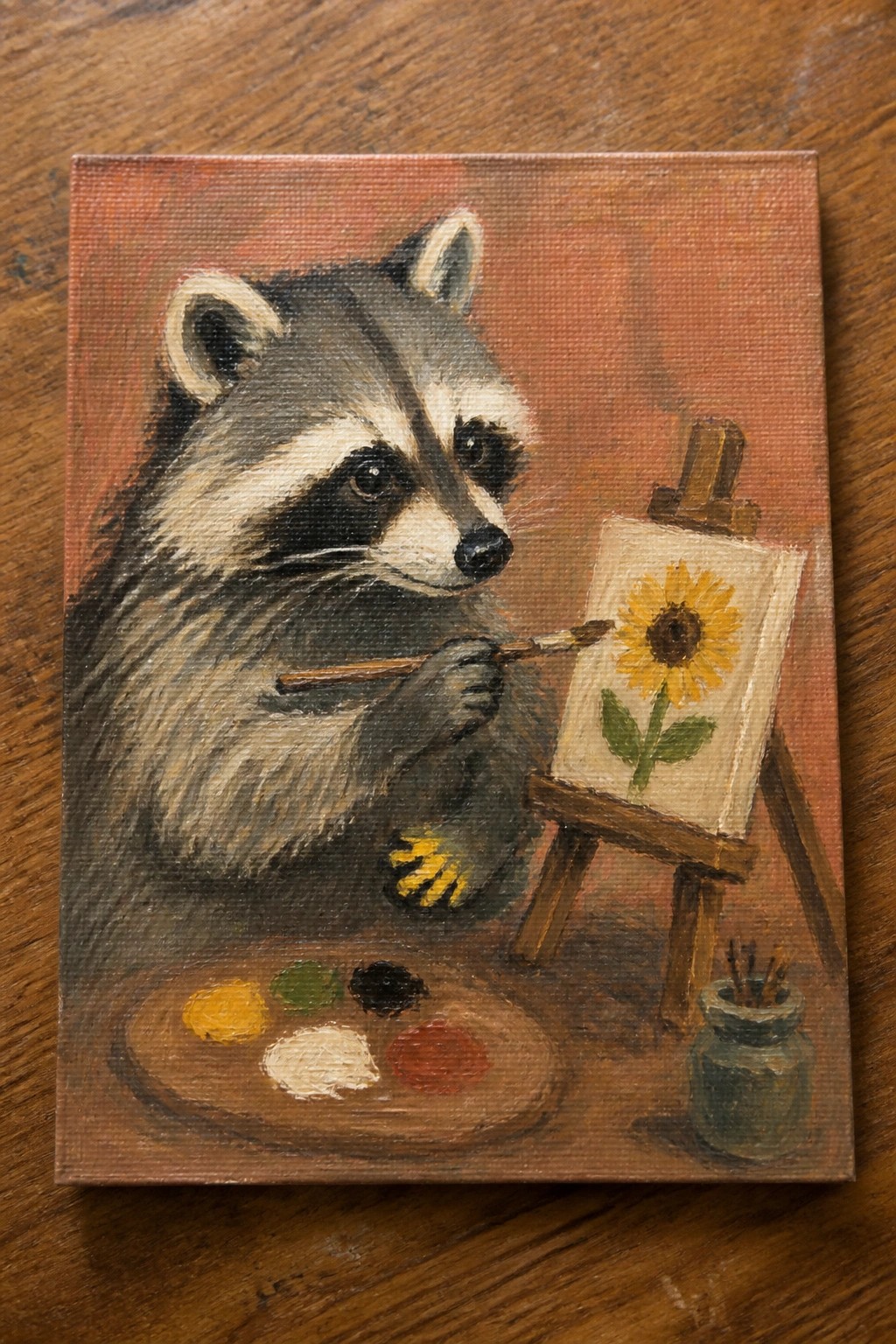 Raccoon painting yellow sunflower on easel with palette, brushes, and jar nearby