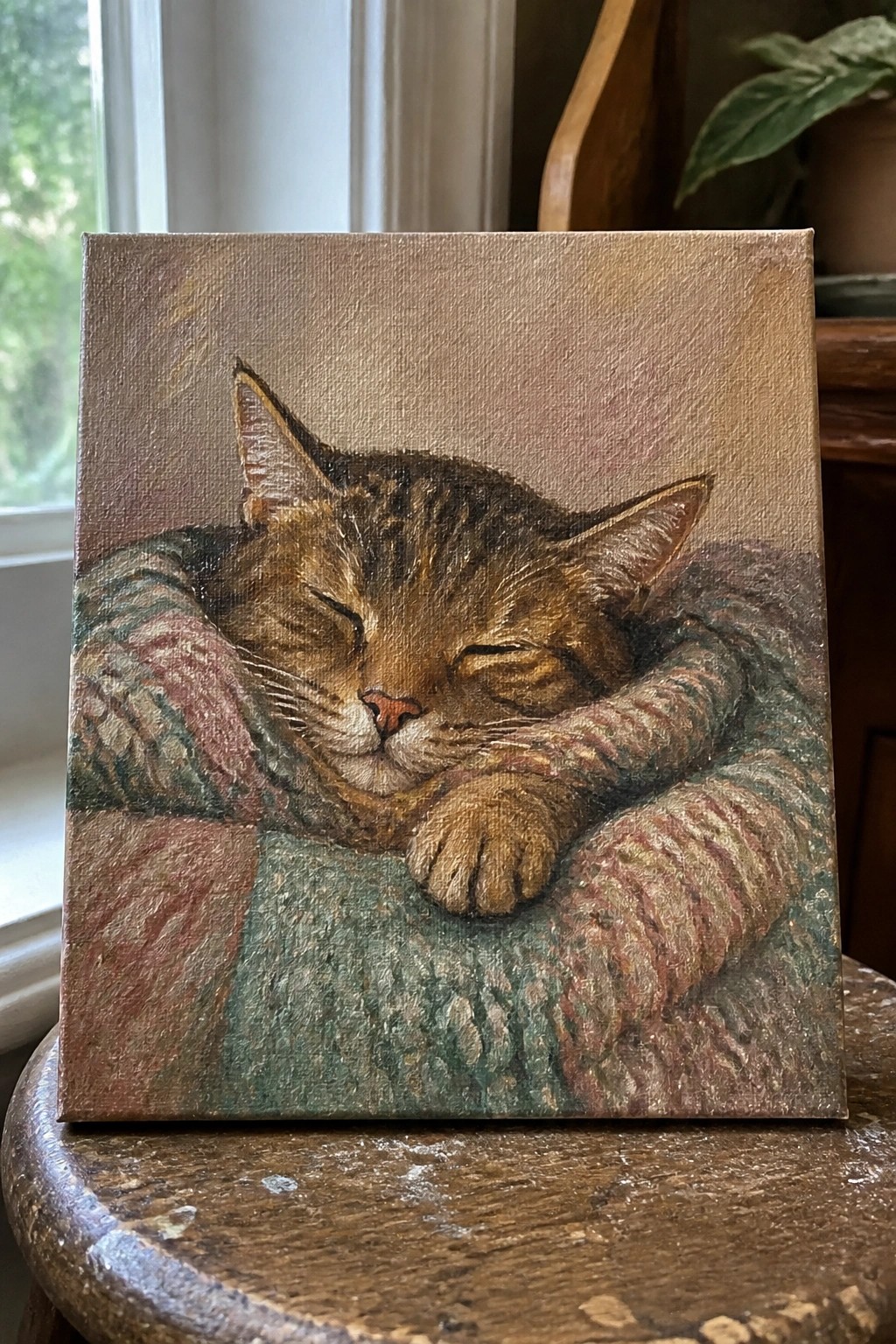 Realistic painting of sleeping tabby cat curled on colorful textured blanket