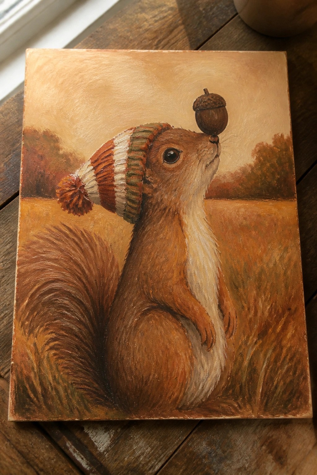 Squirrel in striped knit hat balances acorn on nose in autumn field painting