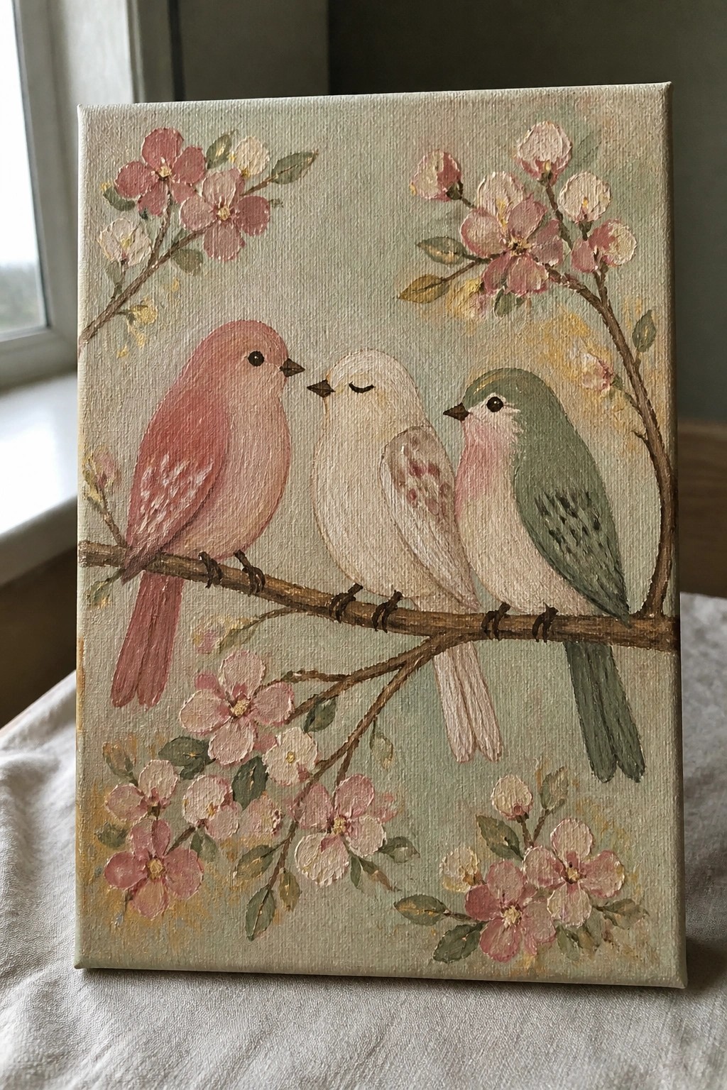 Three pastel birds perch on a branch amid pink cherry blossoms.