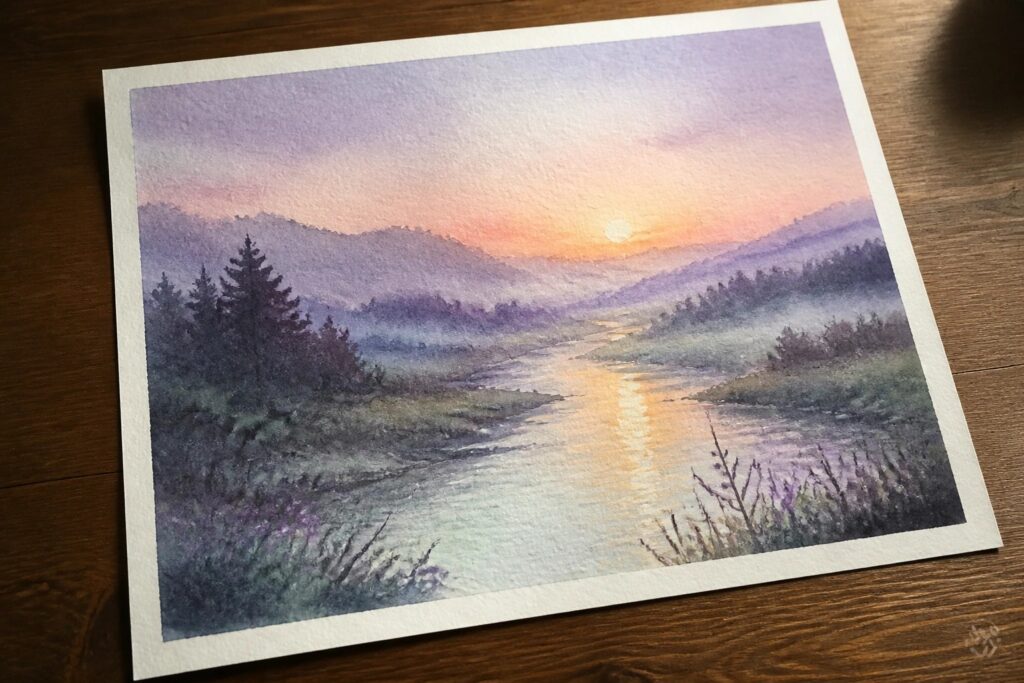 25 Artistic Watercolor Landscape Painting Ideas Using Layered Wash Techniques Watercolor of a winding river reflecting sunset light amid purple mountains and pine trees.