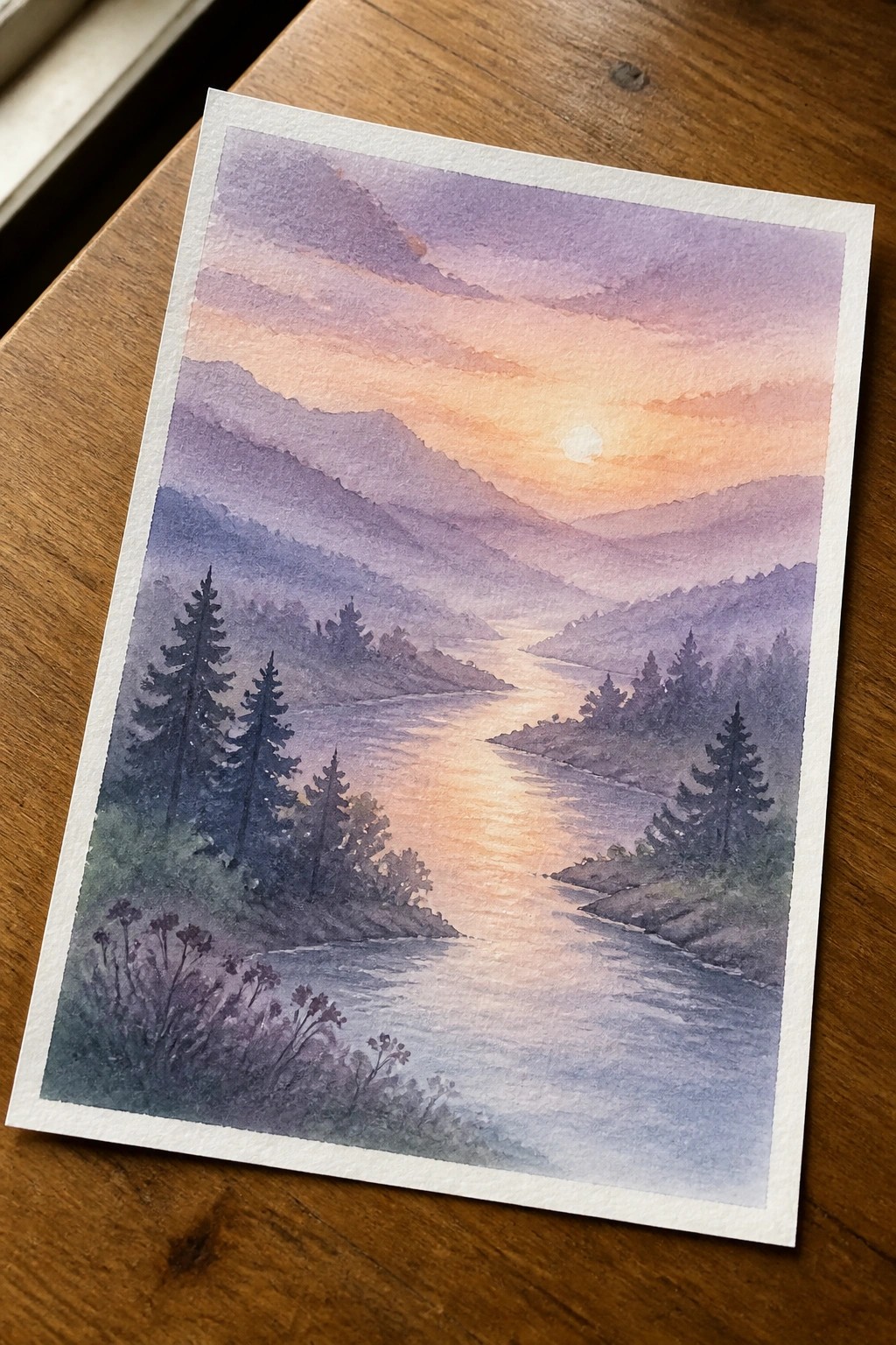 Watercolor of a winding river reflecting sunset light amid purple mountains and pine trees.