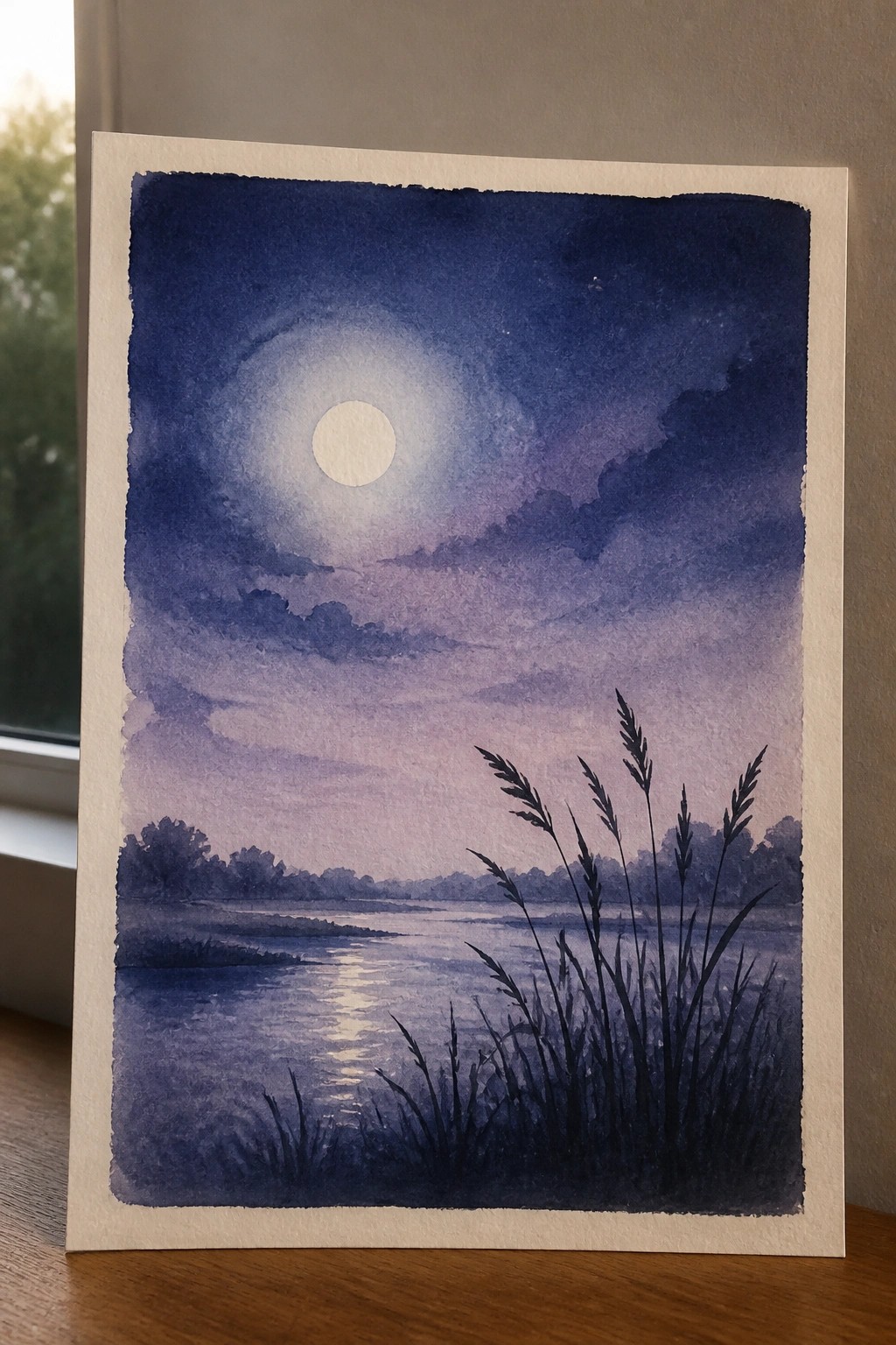 A watercolor landscape painting depicts a bright moon in a dark blue and purple sky above a calm river, with silhouetted reeds in the foreground and trees on the distant shore.
