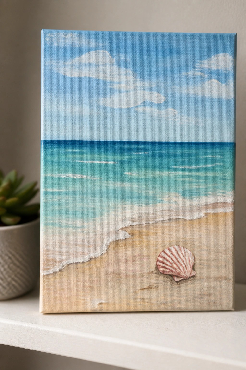 Seascape painting on canvas with blue sky, turquoise waves, sandy beach, and seashell.