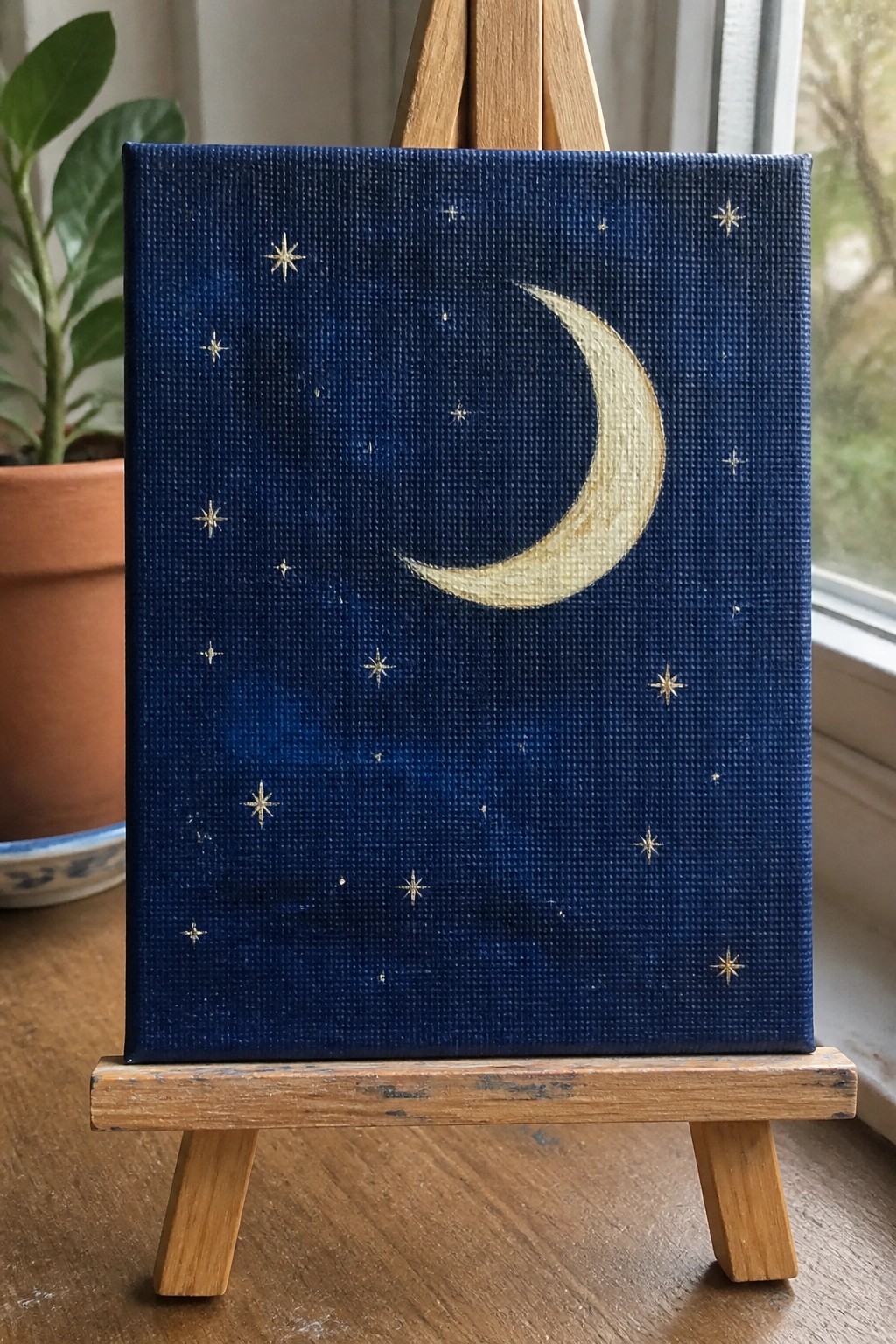 Crescent moon and gold stars on dark blue painted canvas displayed on wooden easel.