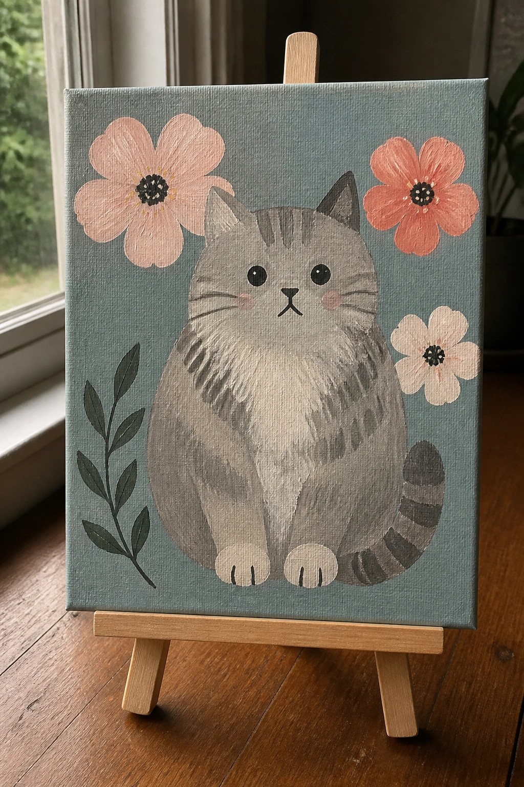 Gray tabby cat with pink flowers on blue canvas atop wooden easel