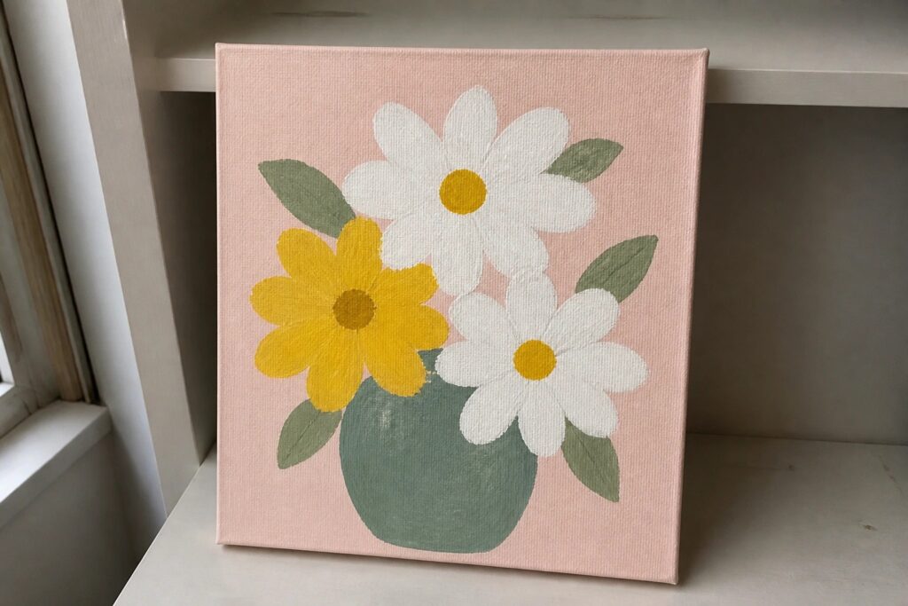 Painting of three daisies in a green vase against a pink background