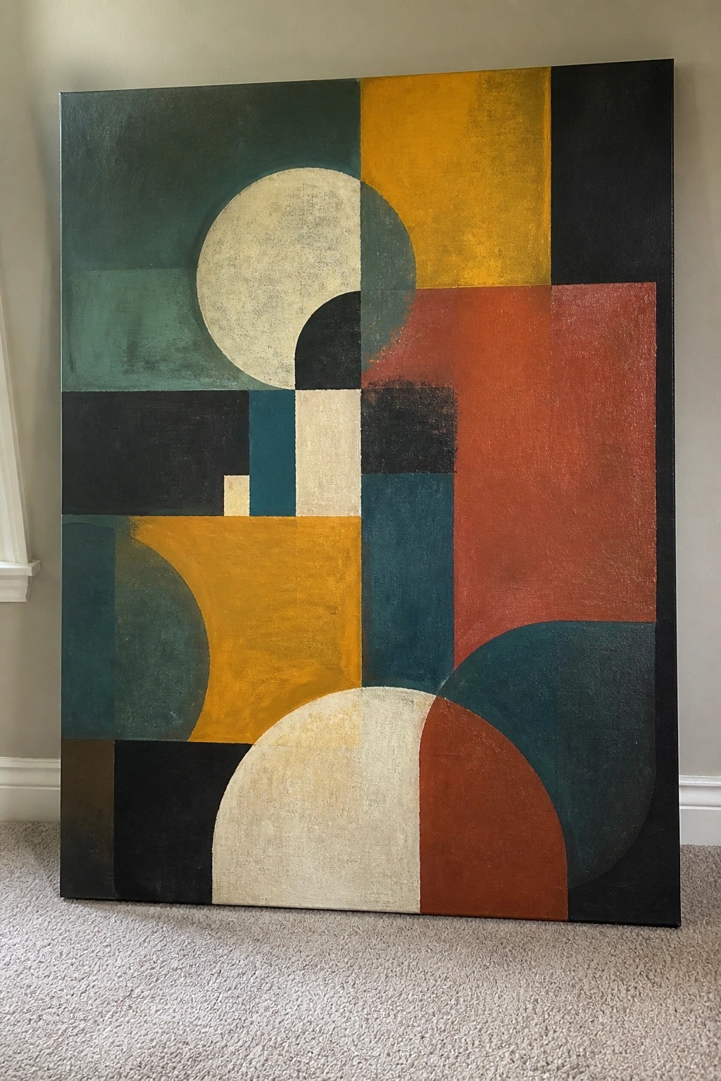 Abstract geometric painting with circles rectangles in teal yellow red black white on wall