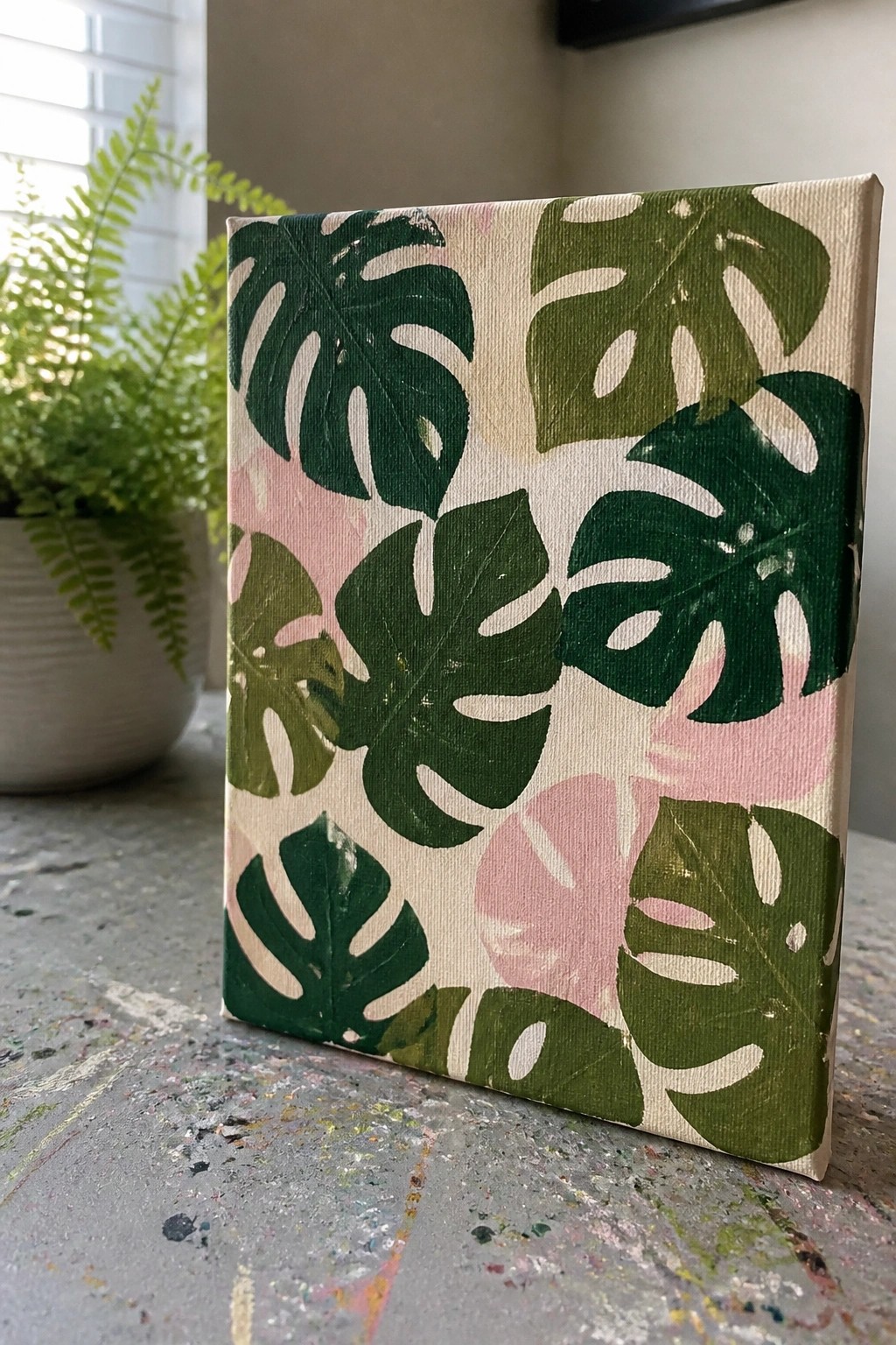 Canvas with green and pink monstera leaves on paint-splattered table, fern in background