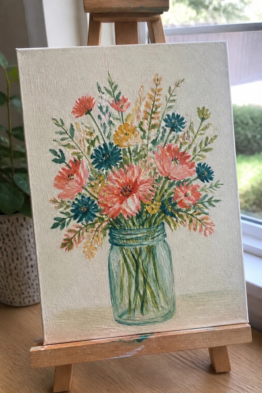 Colorful wildflowers in green mason jar painted on canvas easel