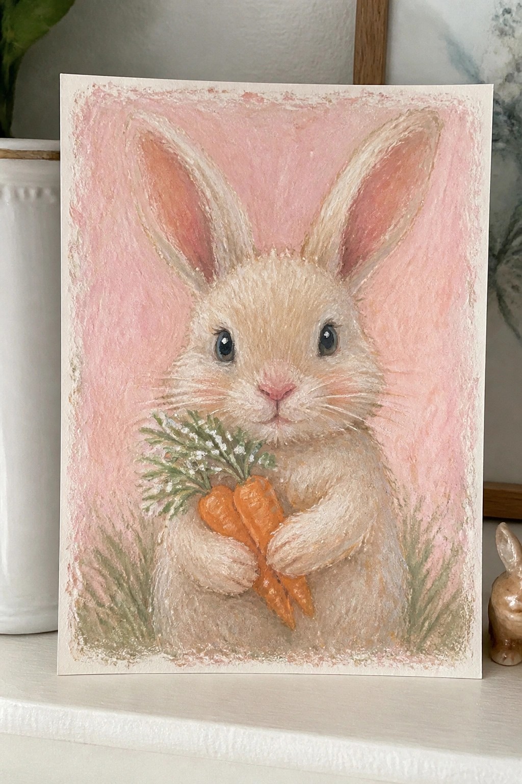Pastel painting of white bunny holding carrots against soft pink background.
