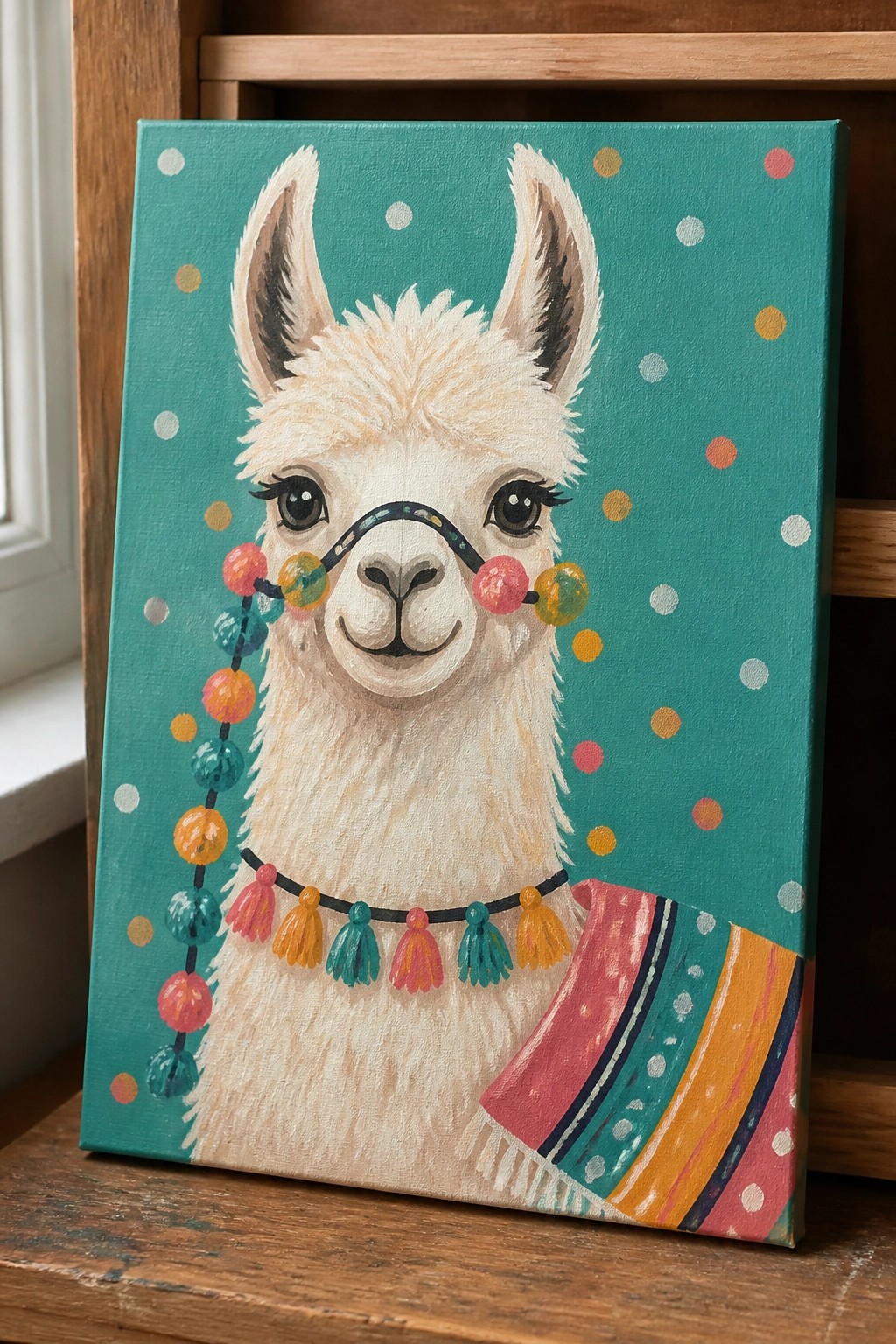 Colorful llama painting on teal canvas with polka dots, beads, and striped blanket