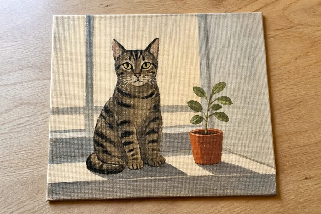 Tabby cat sits on windowsill beside small potted plant under window panes
