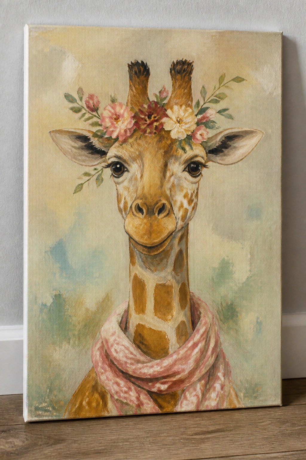 Soft-toned painting of giraffe with flower crown and pink patterned scarf.