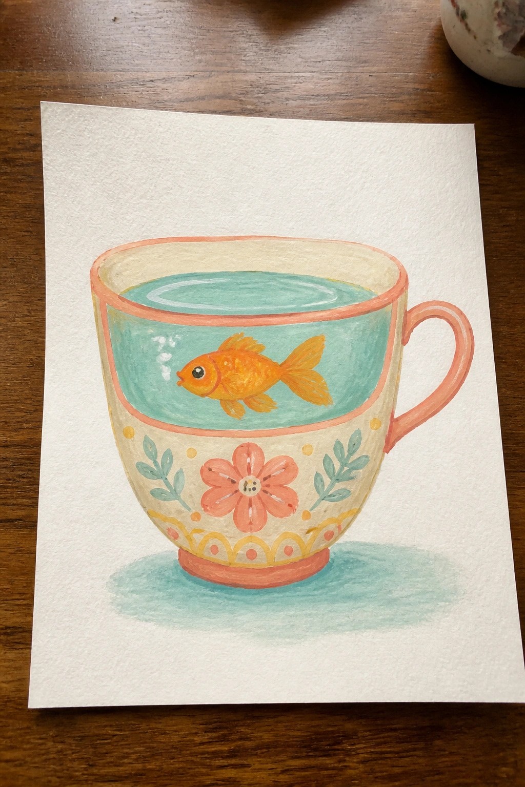 Watercolor of orange goldfish swimming in a floral pink-rimmed teacup with turquoise water.