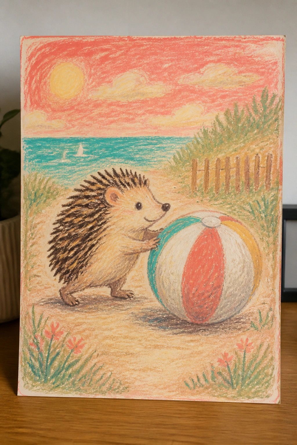 Hedgehog pushes colorful striped beach ball on sandy shore at sunset