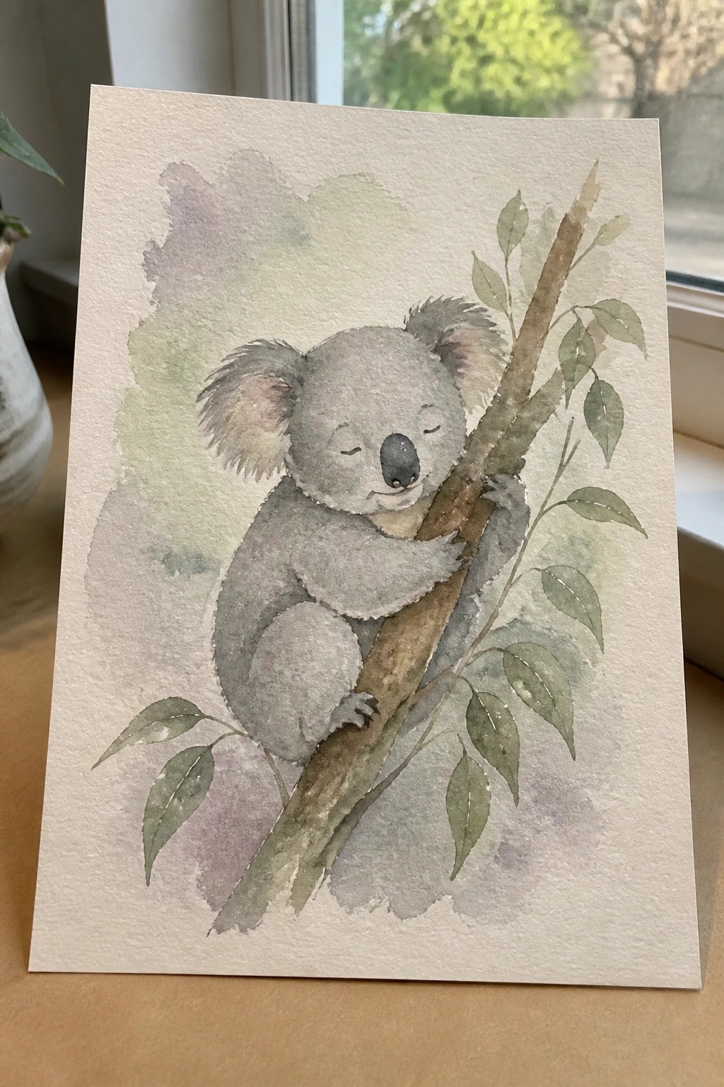 Watercolor painting of sleeping koala hugging leafy branch with soft pastel washes