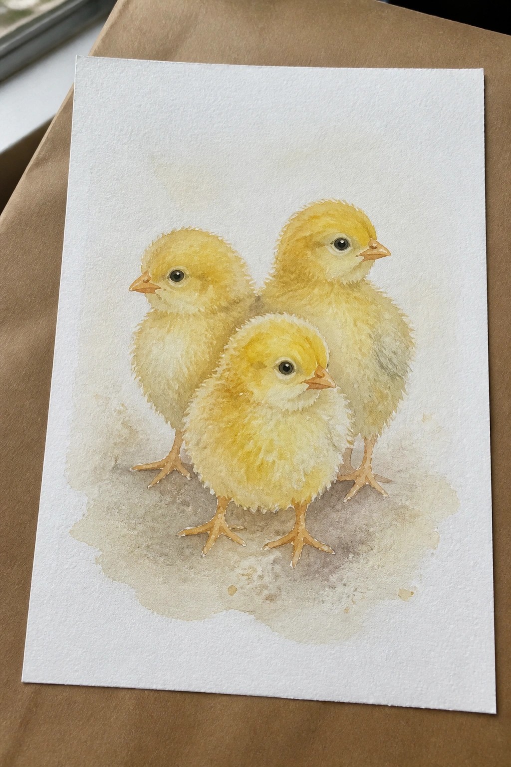 Watercolor painting of three yellow chicks on white paper over brown surface