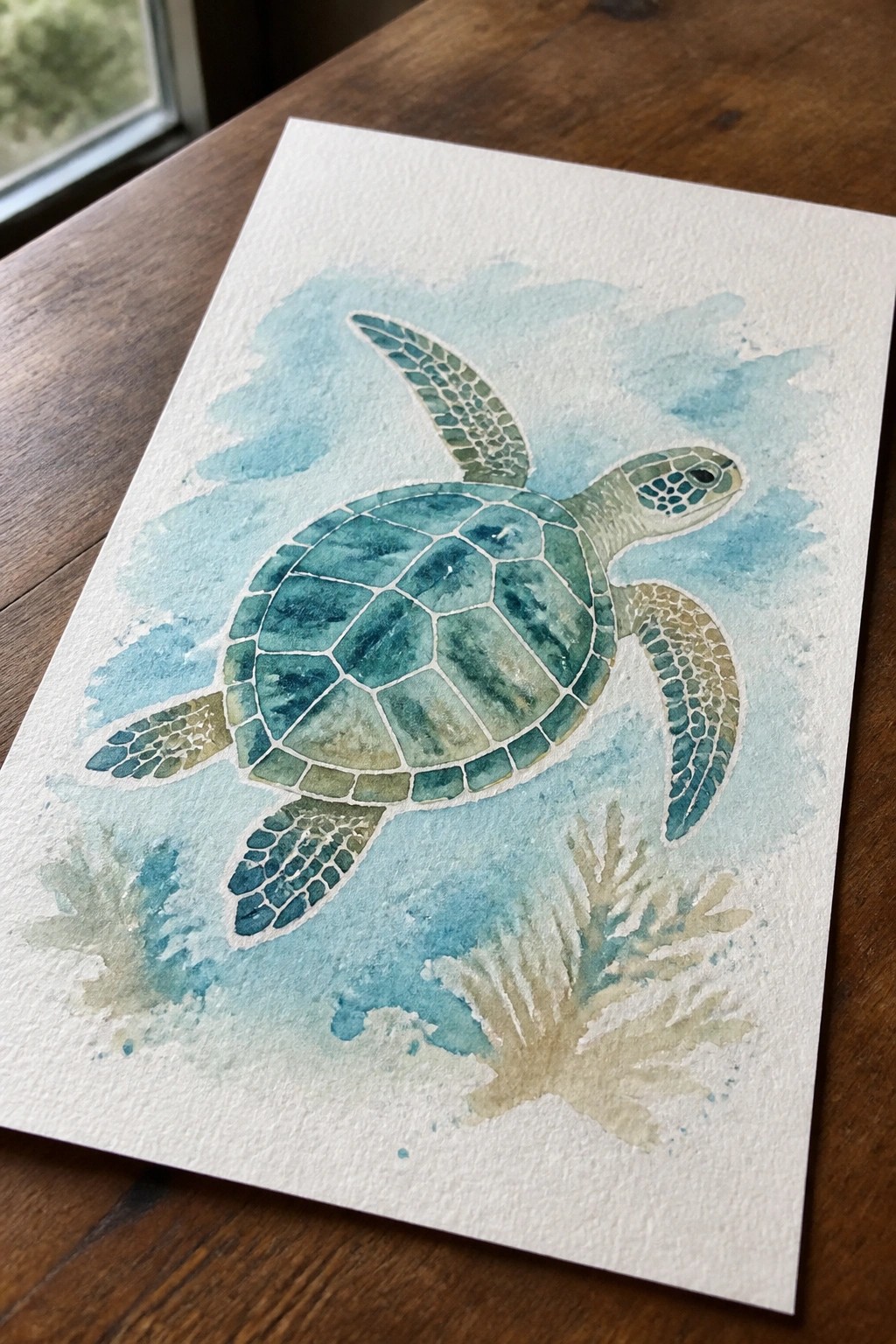 Watercolor sea turtle in blues and greens swimming above coral on wood.