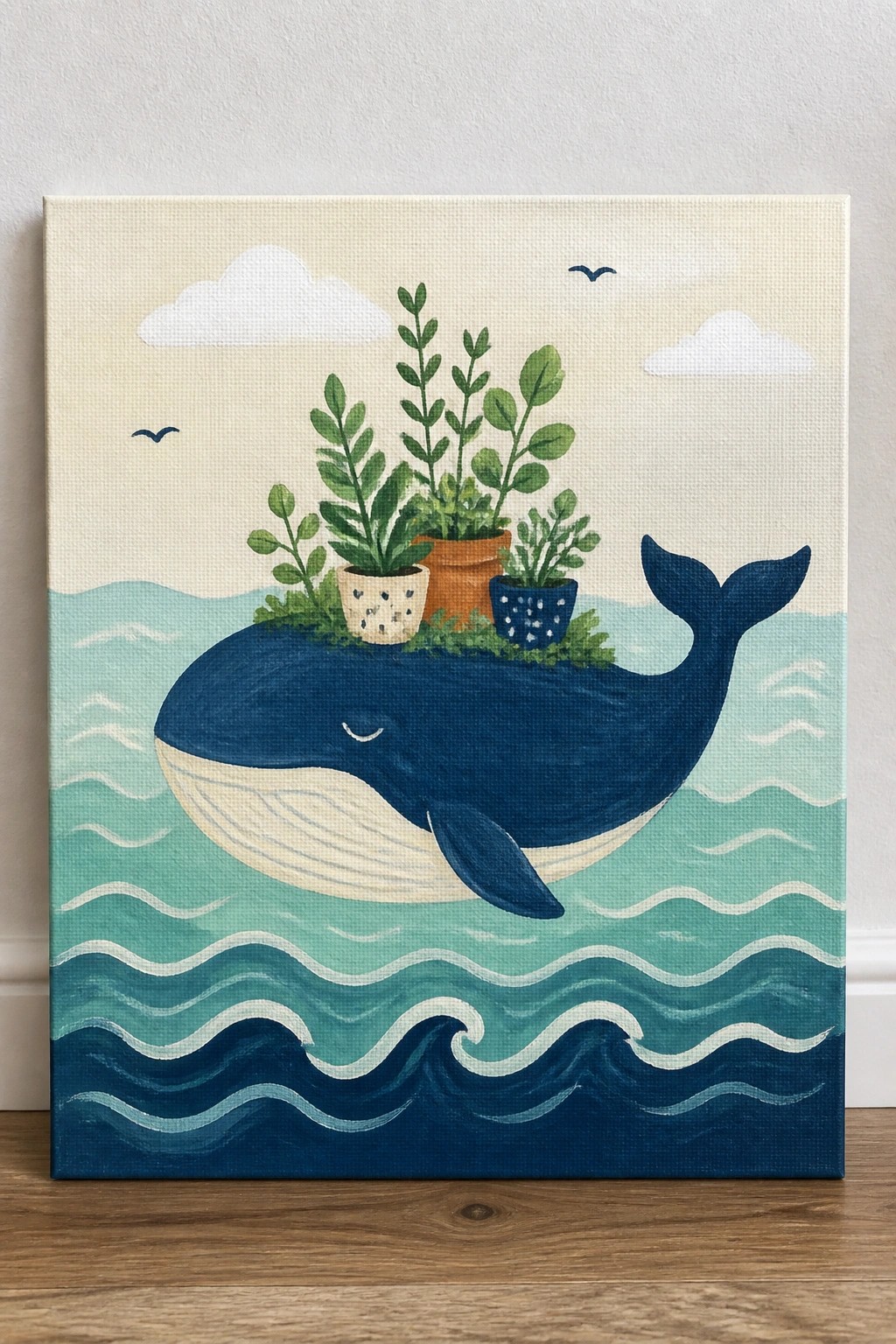 A painting of a blue whale with three potted plants on its back swimming in teal waves under a pale sky with clouds and birds.
