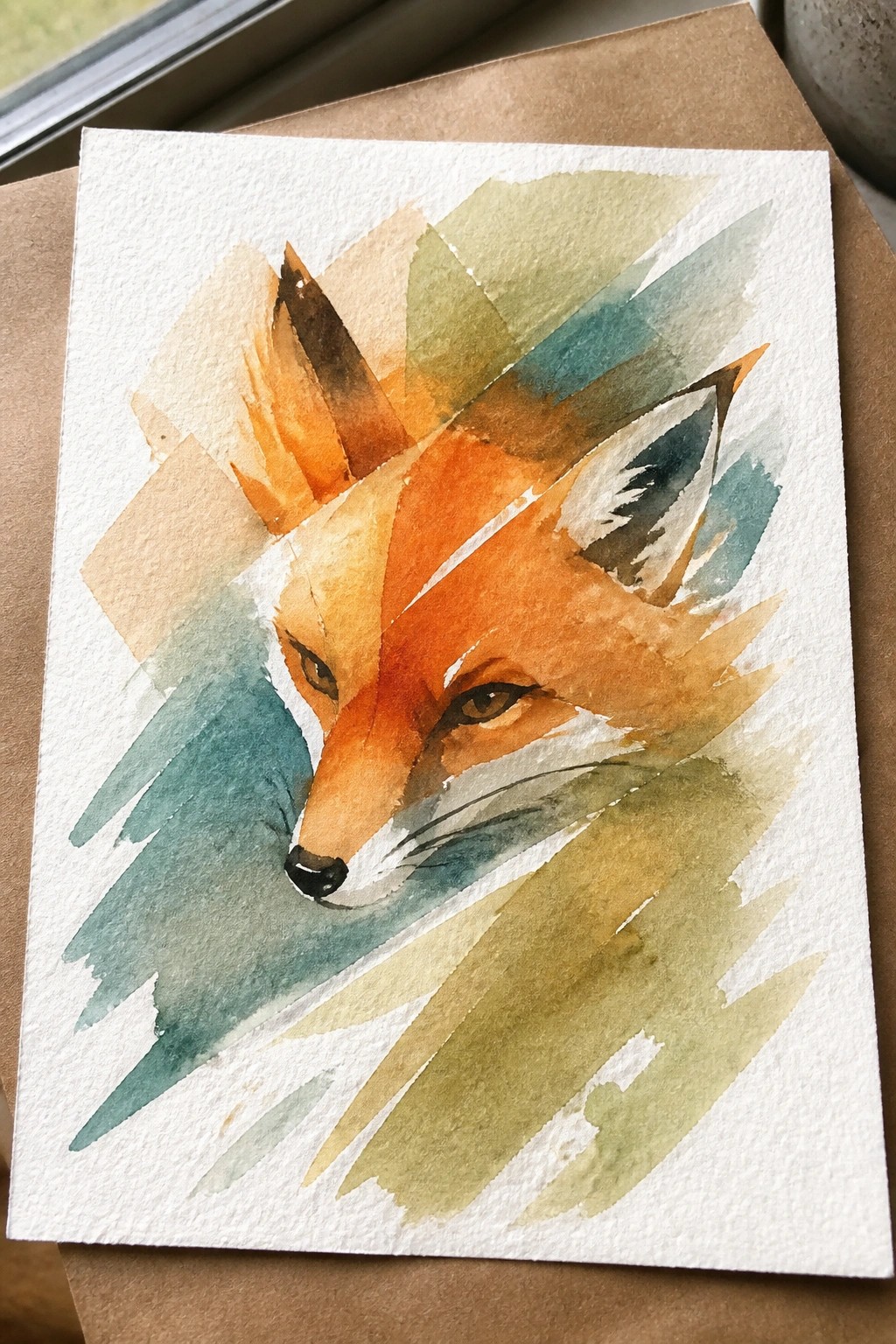 Watercolor fox portrait in orange tones with teal and green abstract shapes on paper