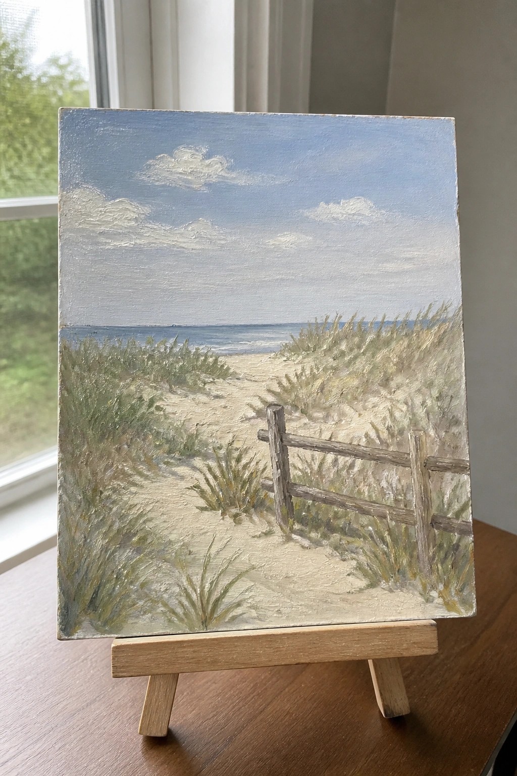 Beach painting on easel shows sandy path through dunes with fence and ocean.