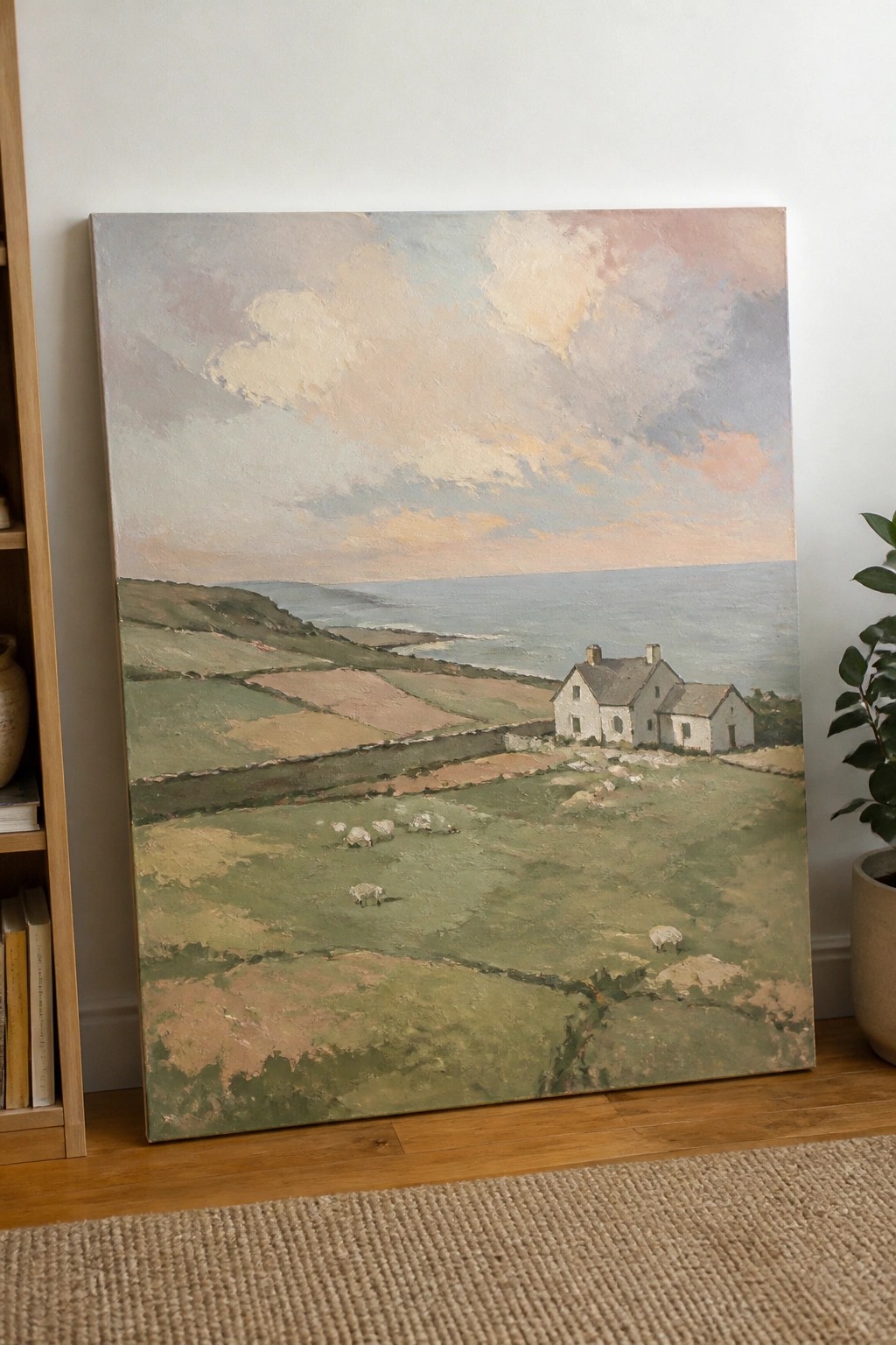 Large landscape painting of coastal fields with sheep, stone house, and ocean under pastel sky.