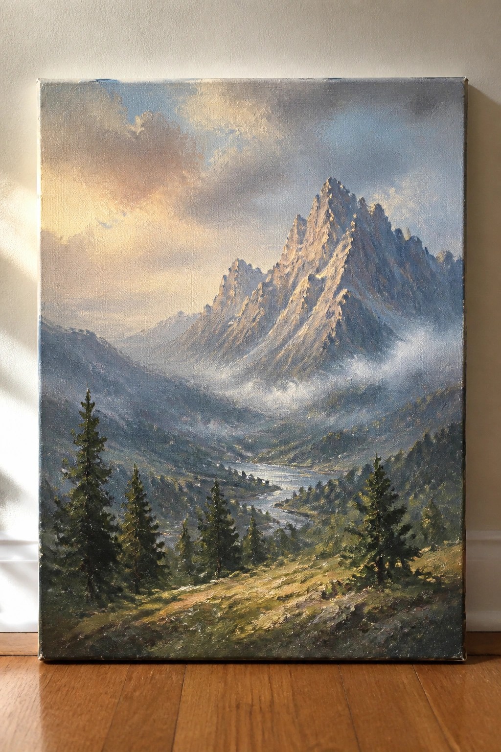 Jagged rocky mountains illuminated by golden light above misty river valley with pine trees.