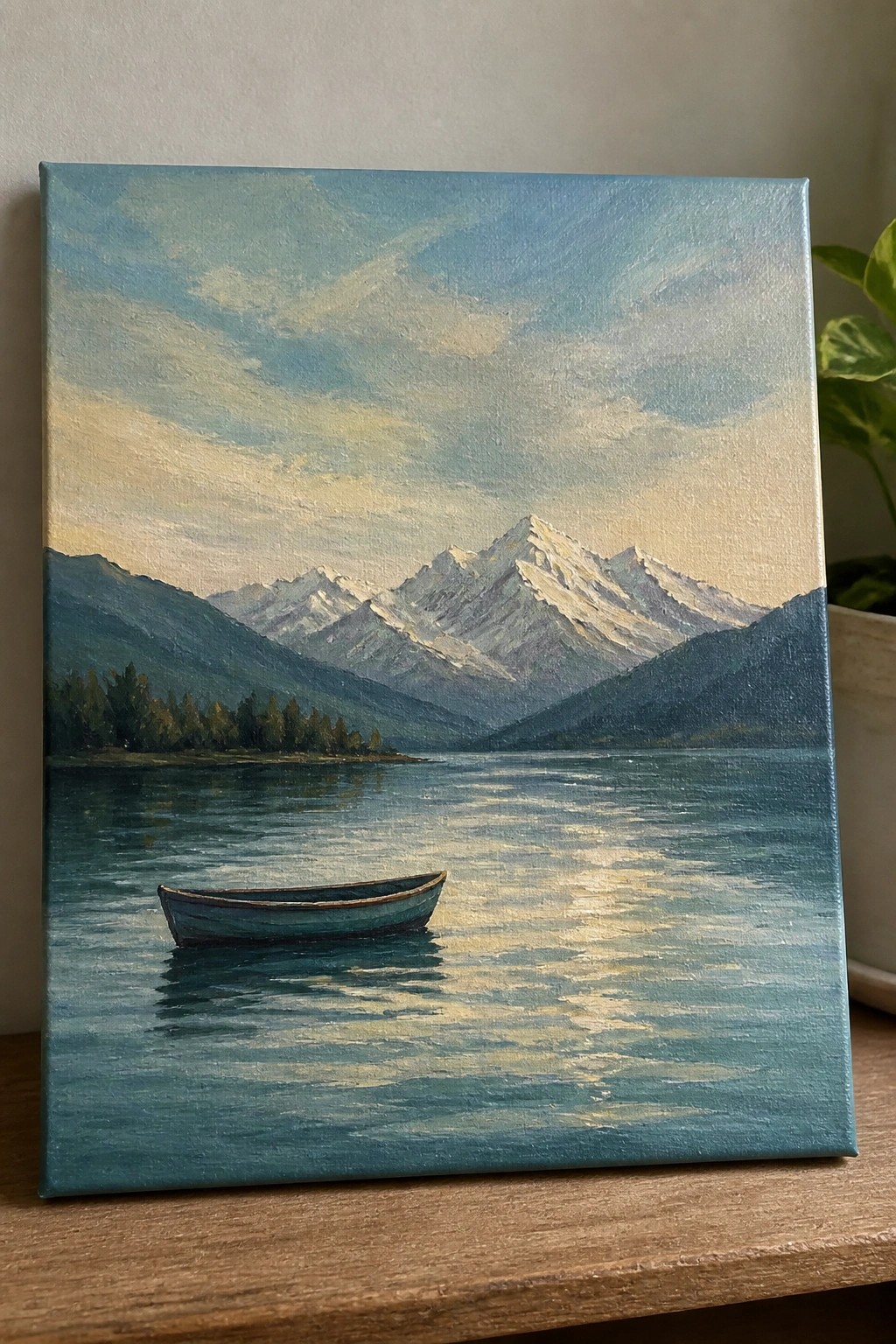 Oil painting of a small boat on a calm lake with snow-capped mountains