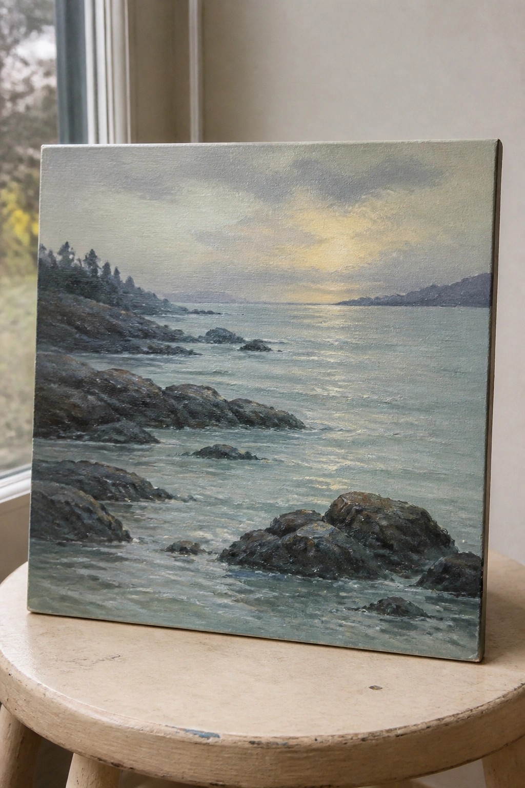 Oil painting of rocky coastline at sunset with calm sea on wooden stool