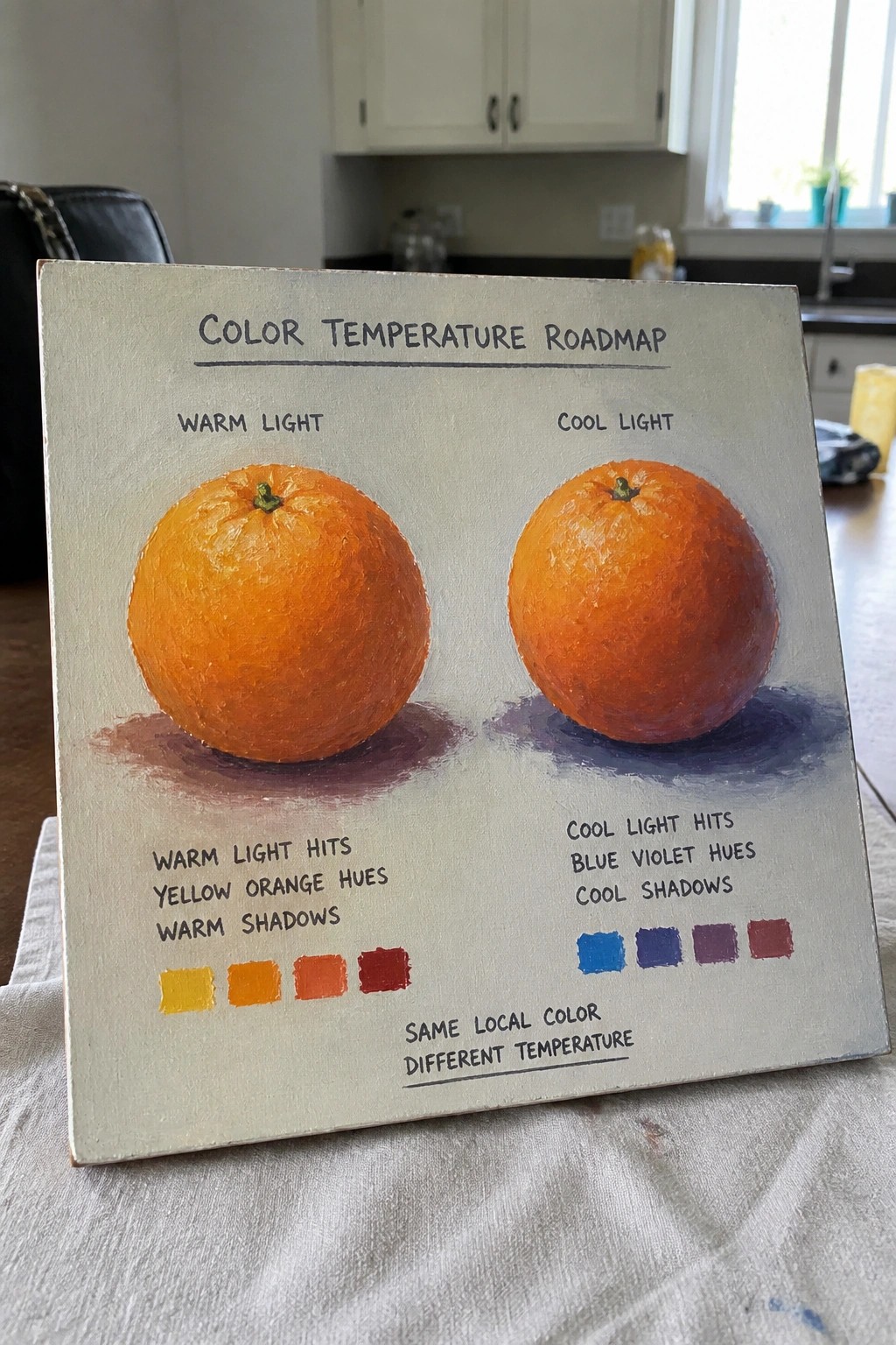 Canvas painting of two oranges under warm and cool light with color swatches