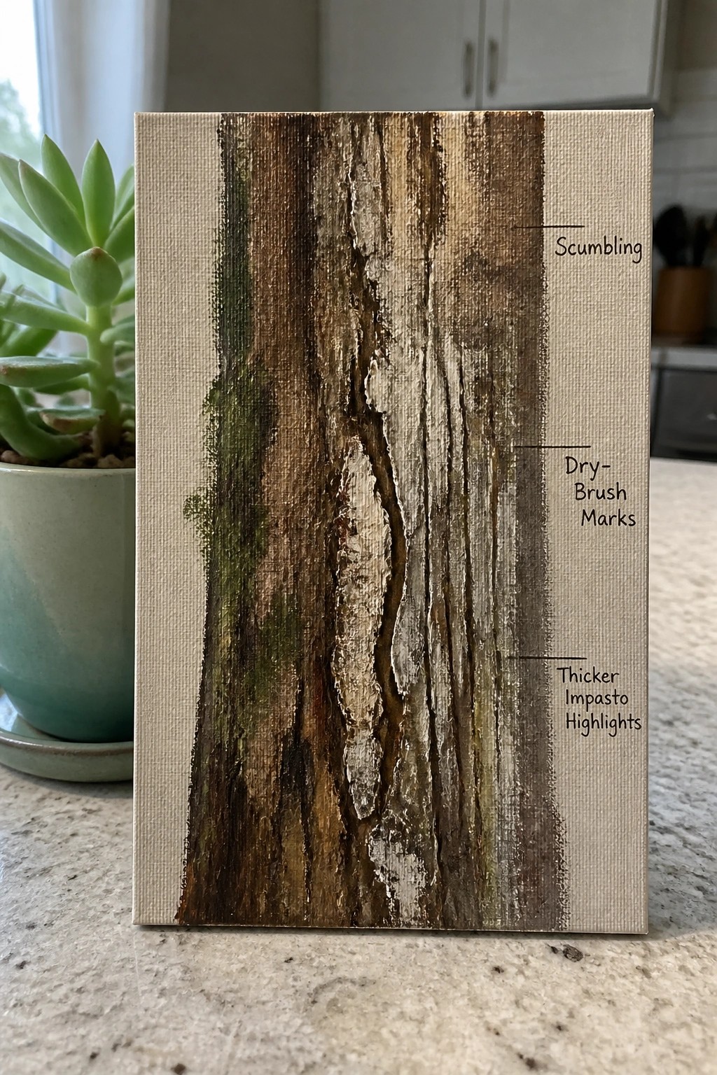 Textured canvas with brown-green strokes labeled scumbling, dry-brush marks, and impasto highlights beside succulent.