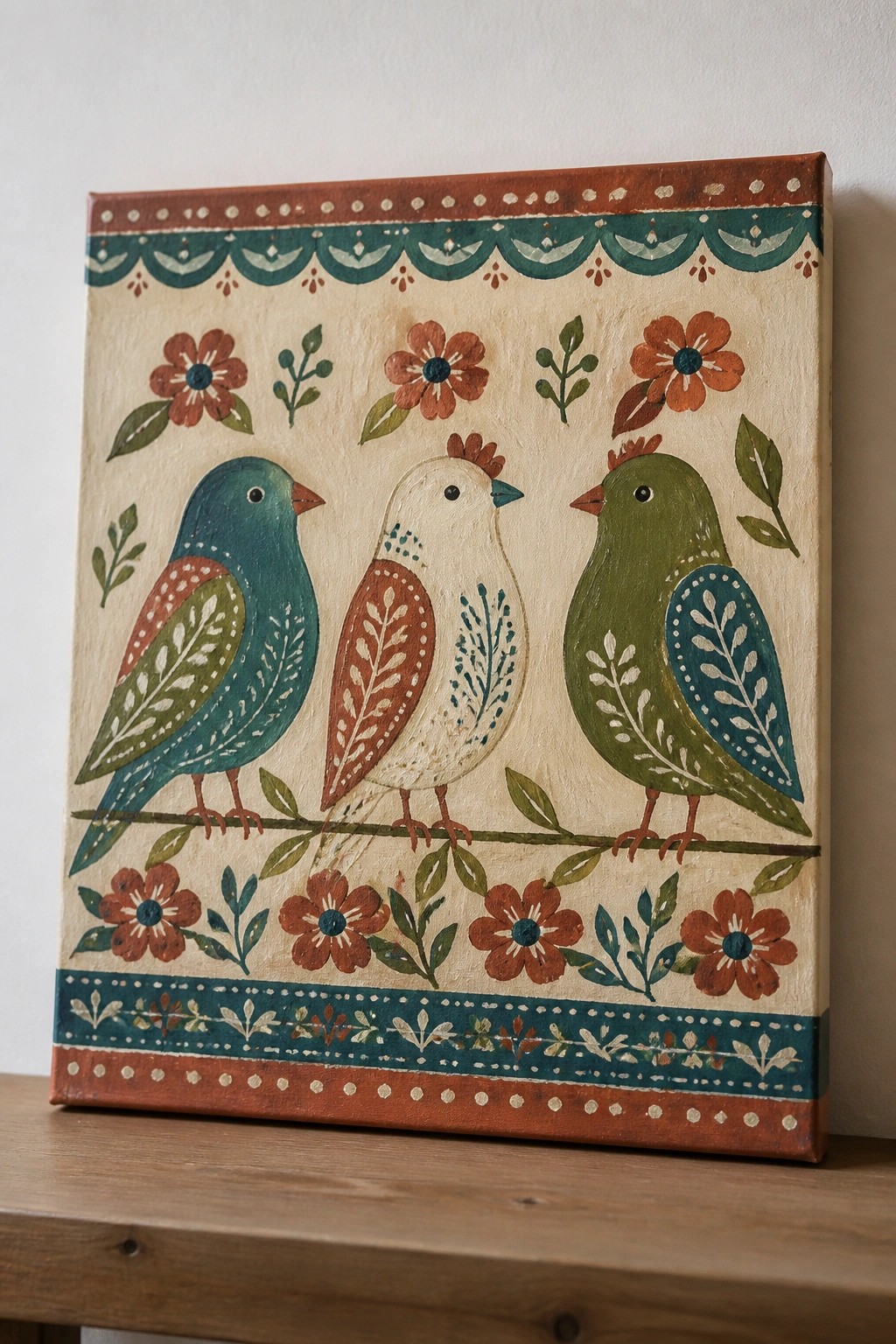 Three colorful folk-art birds perched on a branch amid red flowers and borders