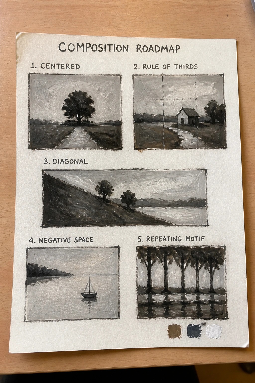 Composition Roadmap with five monochrome landscapes showing centered, thirds, diagonal, negative space, repeating motifs.