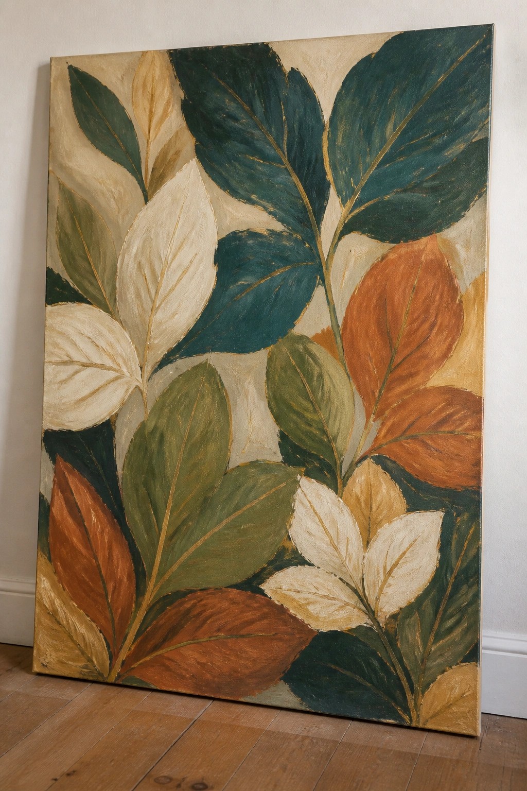Large canvas painting of overlapping leaves in teal, brown, green, and cream with gold accents