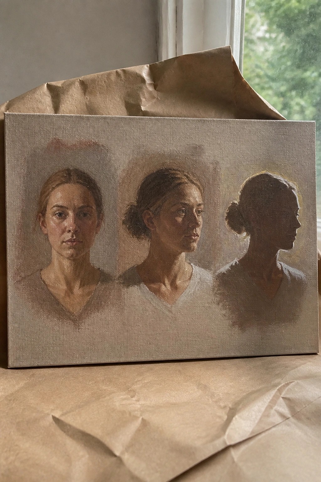 Oil painting on canvas showing three views of a woman, on brown paper.