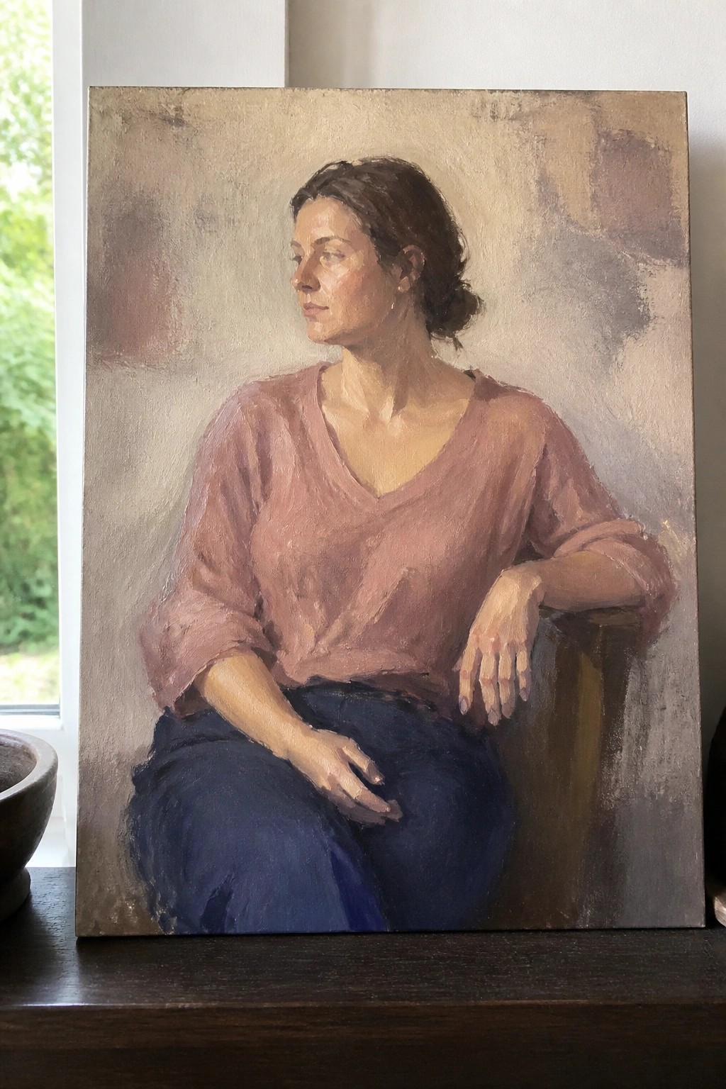 Seated woman in rose blouse and blue pants portrayed in textured oil painting