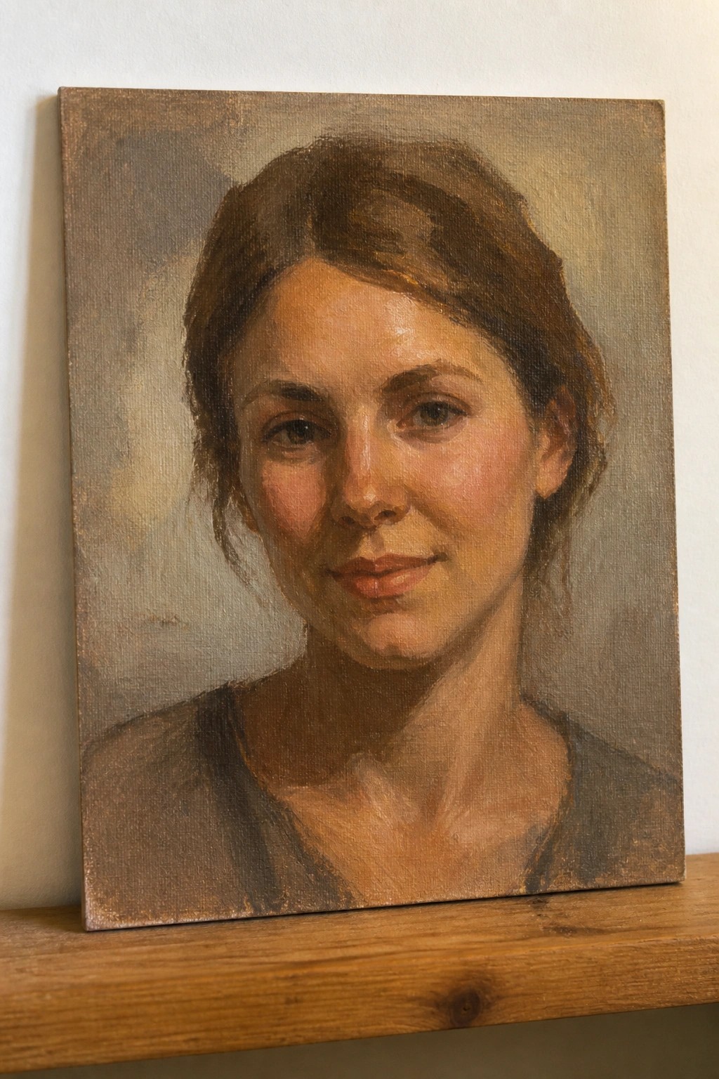 Realistic oil portrait of smiling brown-haired woman on wooden shelf against white wall