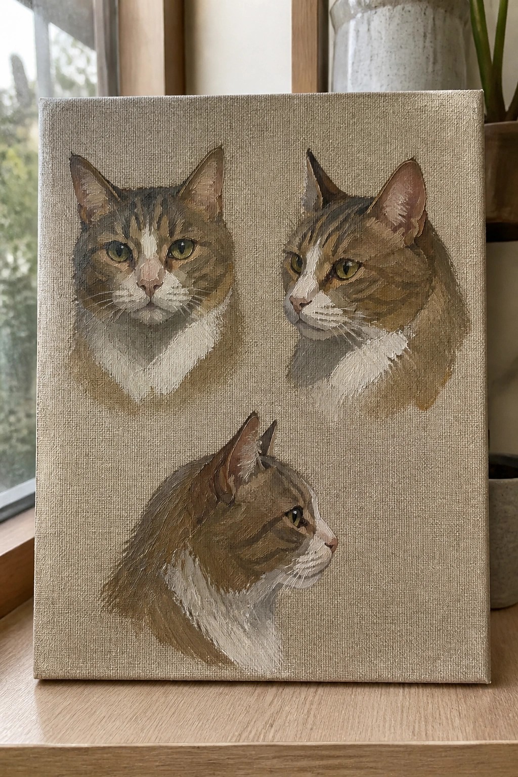 An oil painting on canvas showing three views of a tabby cat's head arranged on a plain beige background.