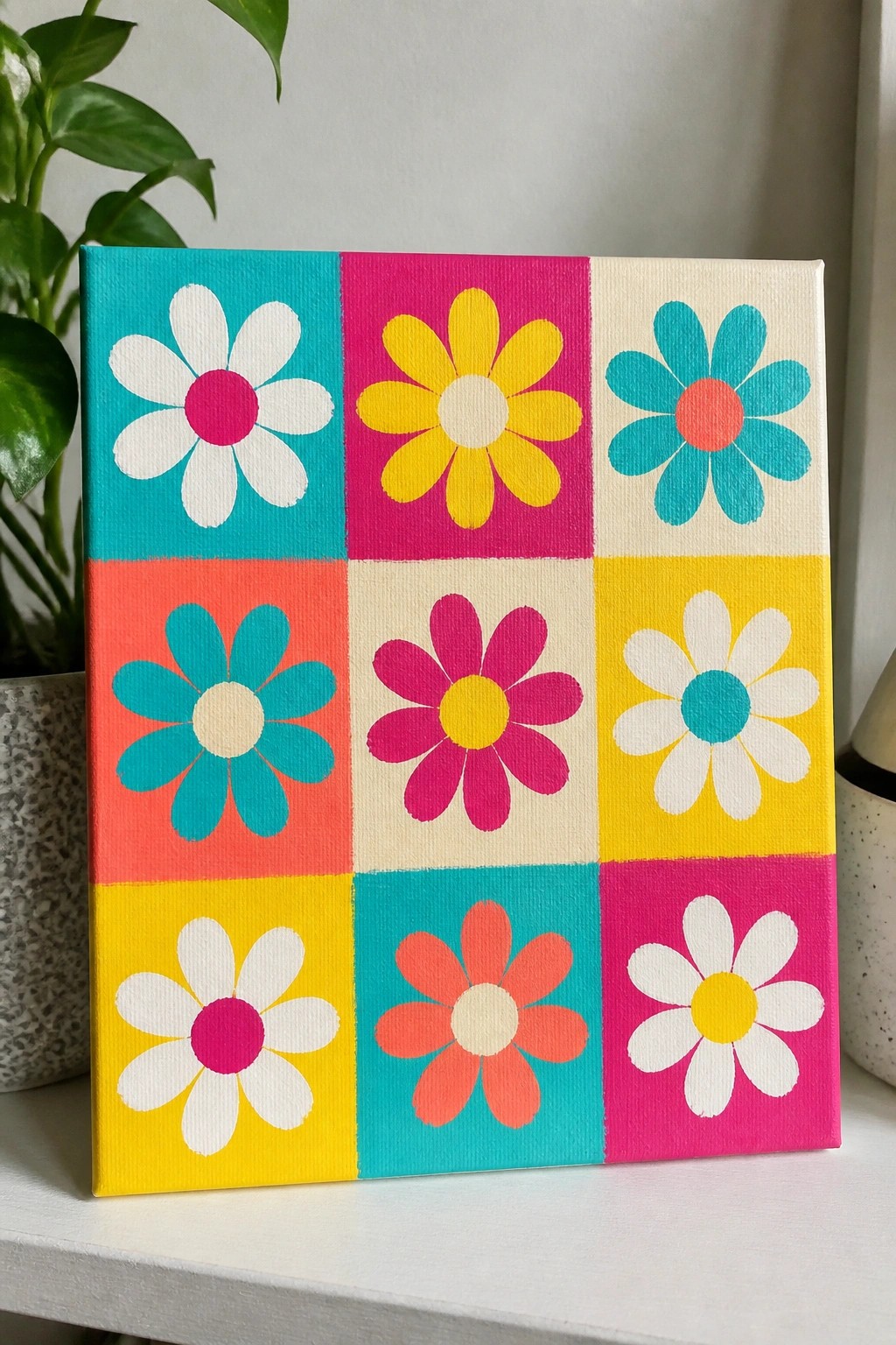 Colorful pop-art daisies painted in a nine-square grid on canvas
