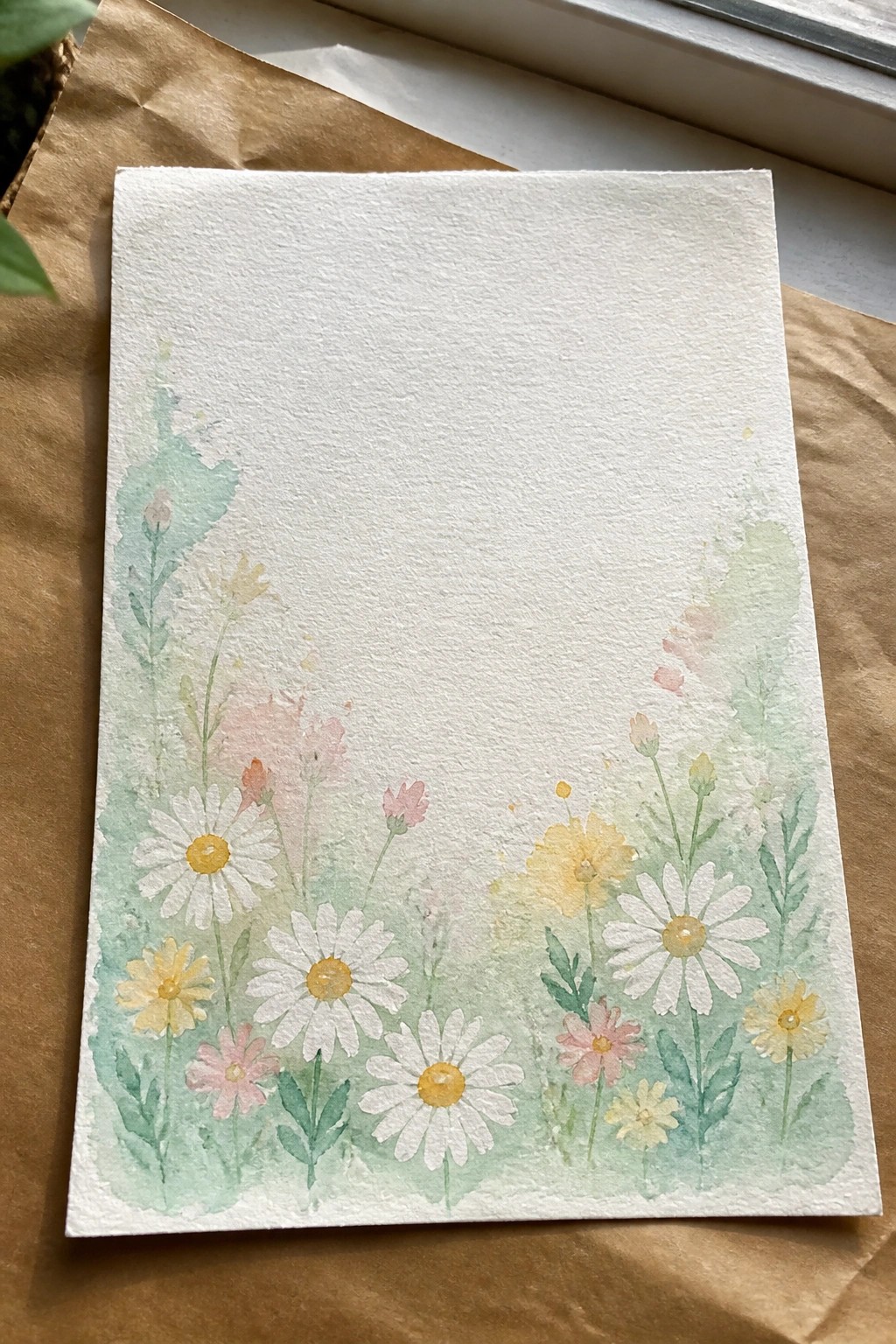 Watercolor painting of white daisies, pink and yellow flowers with green foliage on paper