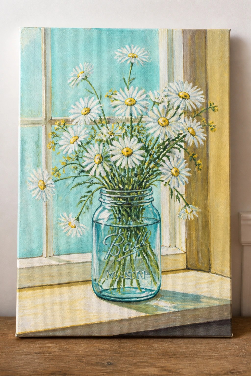White daisies in a blue Ball mason jar on a sunny windowsill