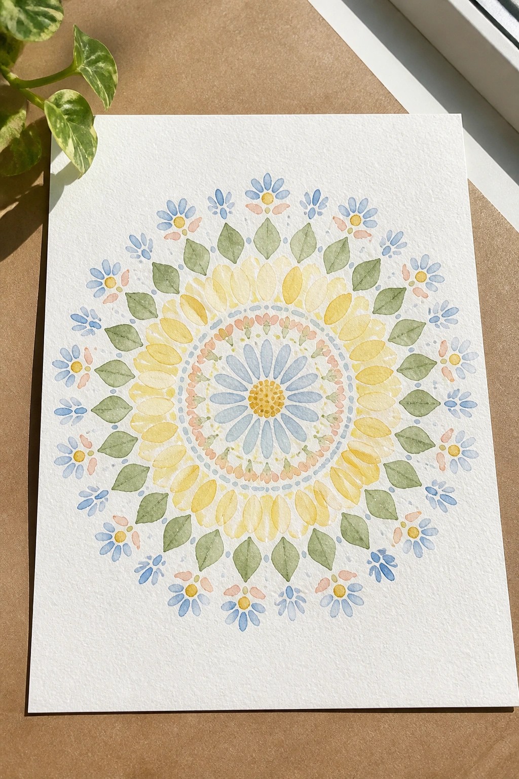 A watercolor mandala of daisies and leaves arranged in concentric rings on white paper.