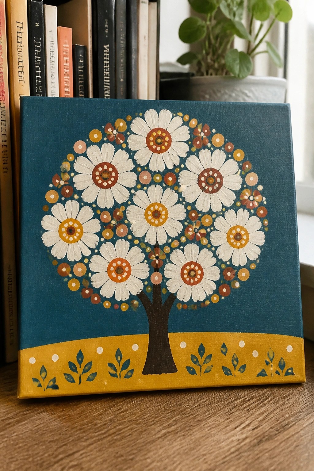 Square canvas painting of daisy tree on teal background with yellow base