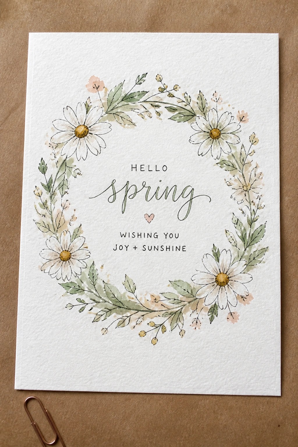 Watercolor daisy wreath card reading hello spring and joy sunshine on brown surface