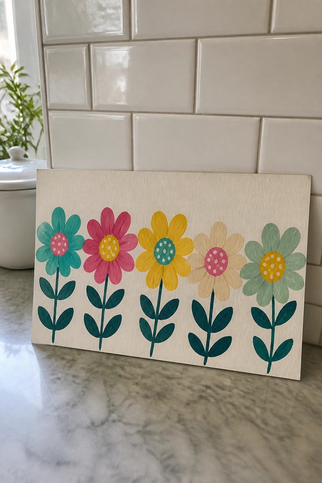 Five colorful painted flowers with green stems on canvas against tiled wall