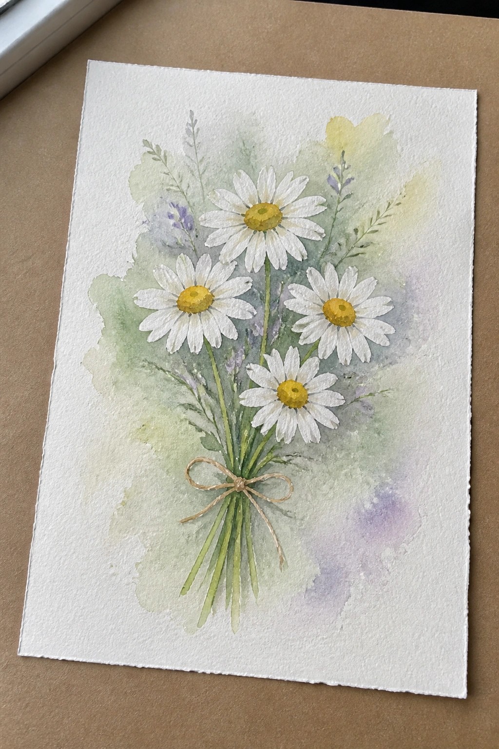 Watercolor painting of white daisies with yellow centers tied by twine bow on paper