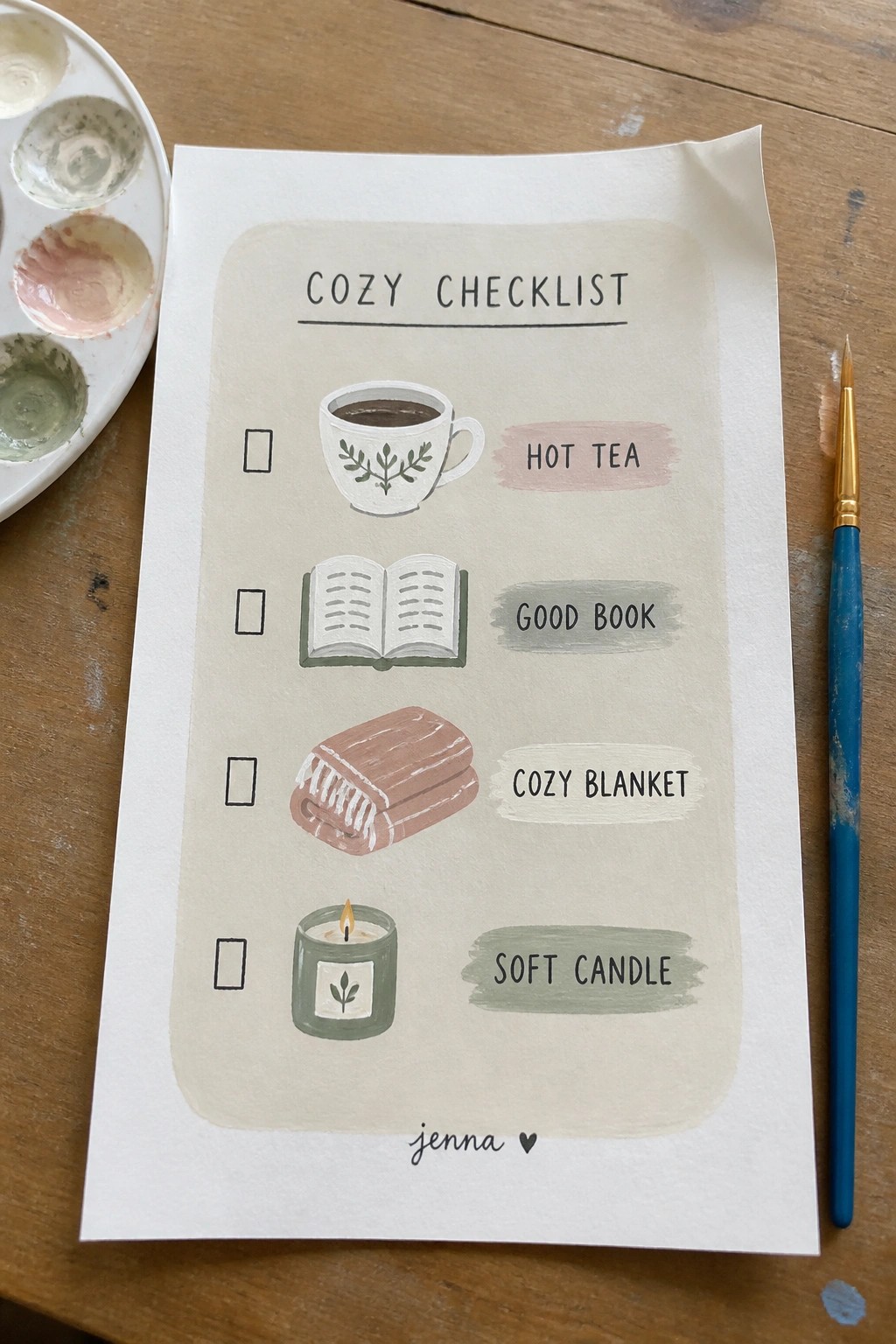 A painted cozy checklist on paper displays four rows with checkboxes showing a teacup, open book, folded blanket, and candle, each next to a label.