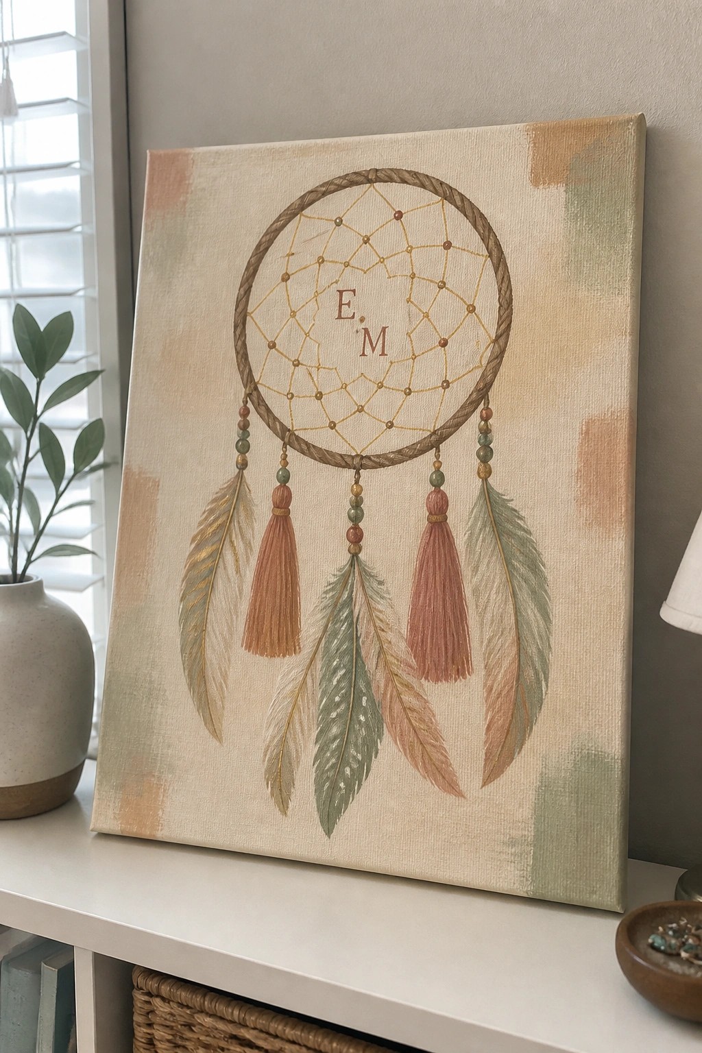 Dreamcatcher canvas painting with feathers, tassels, beads, and initials E M